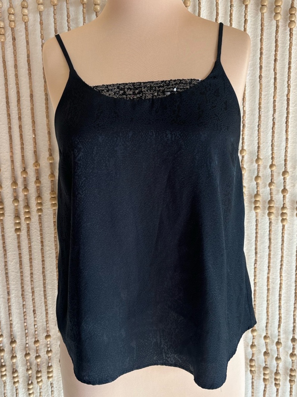 Black Silky Sequin Embellished Modern Loose Fit Cami Layering Boho Grunge Tank